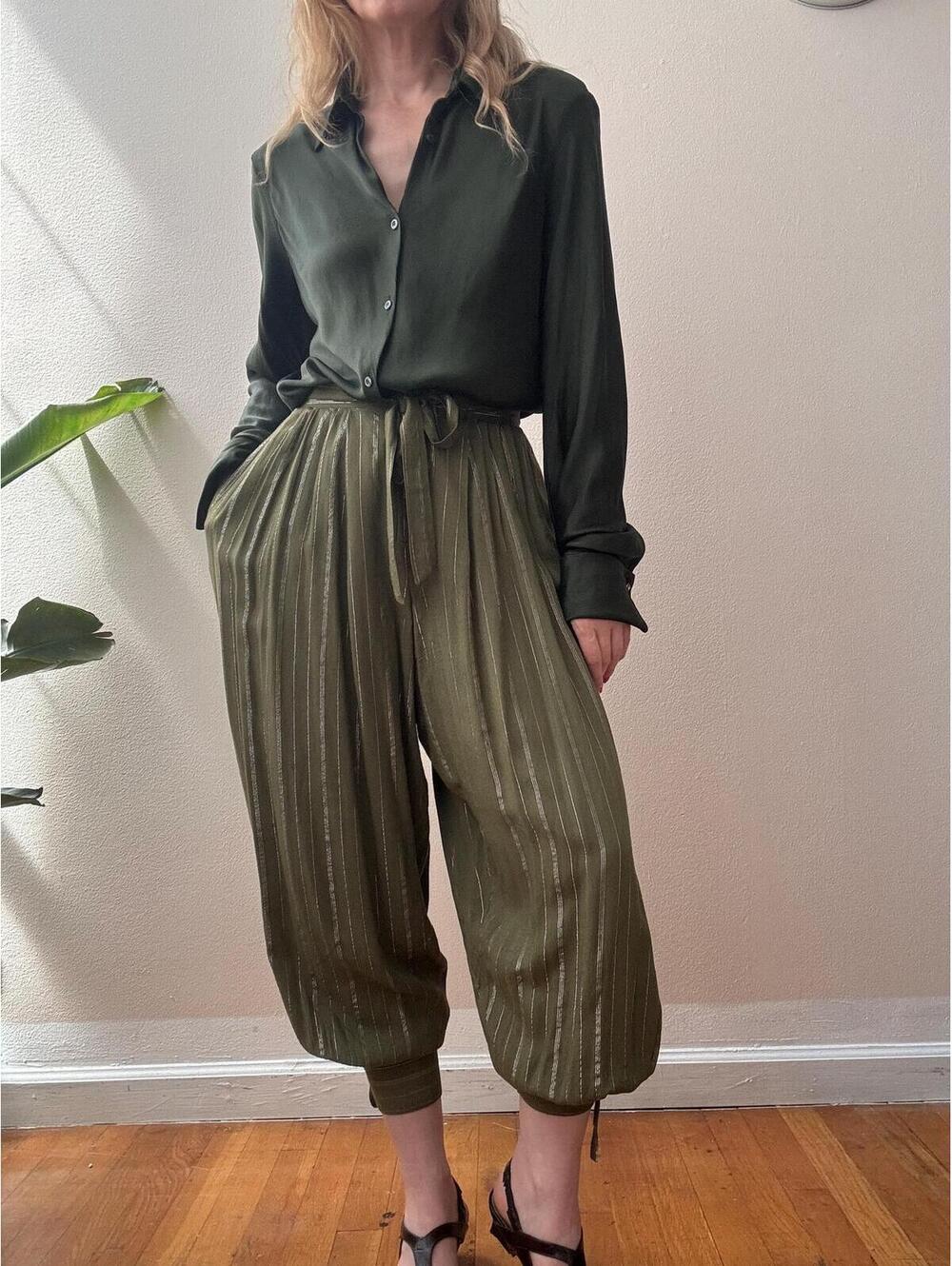 Vintage 1970s Green Cotton lurex Striped Balloon pants
